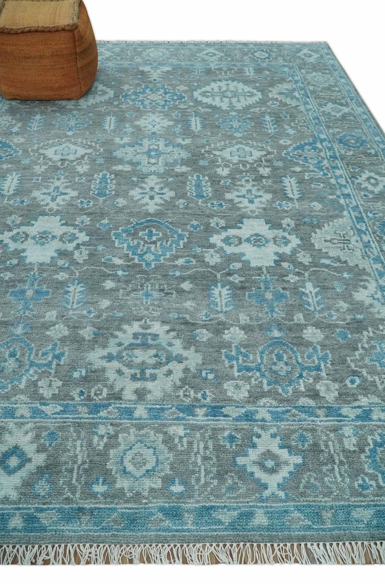 Antique Gray and Blue Hand Knotted 8x10 Oushak Turkish Wool Area Rug - Nuvé