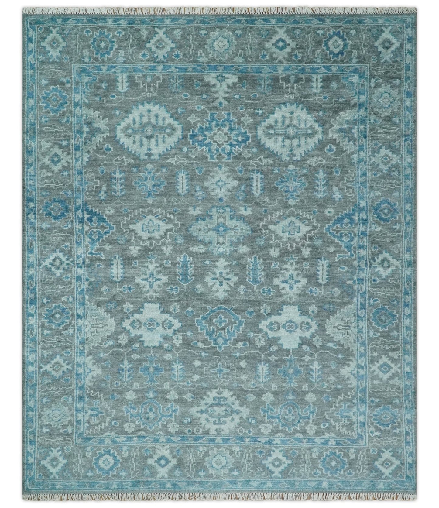 Antique Gray and Blue Hand Knotted 8x10 Oushak Turkish Wool Area Rug - Nuvé