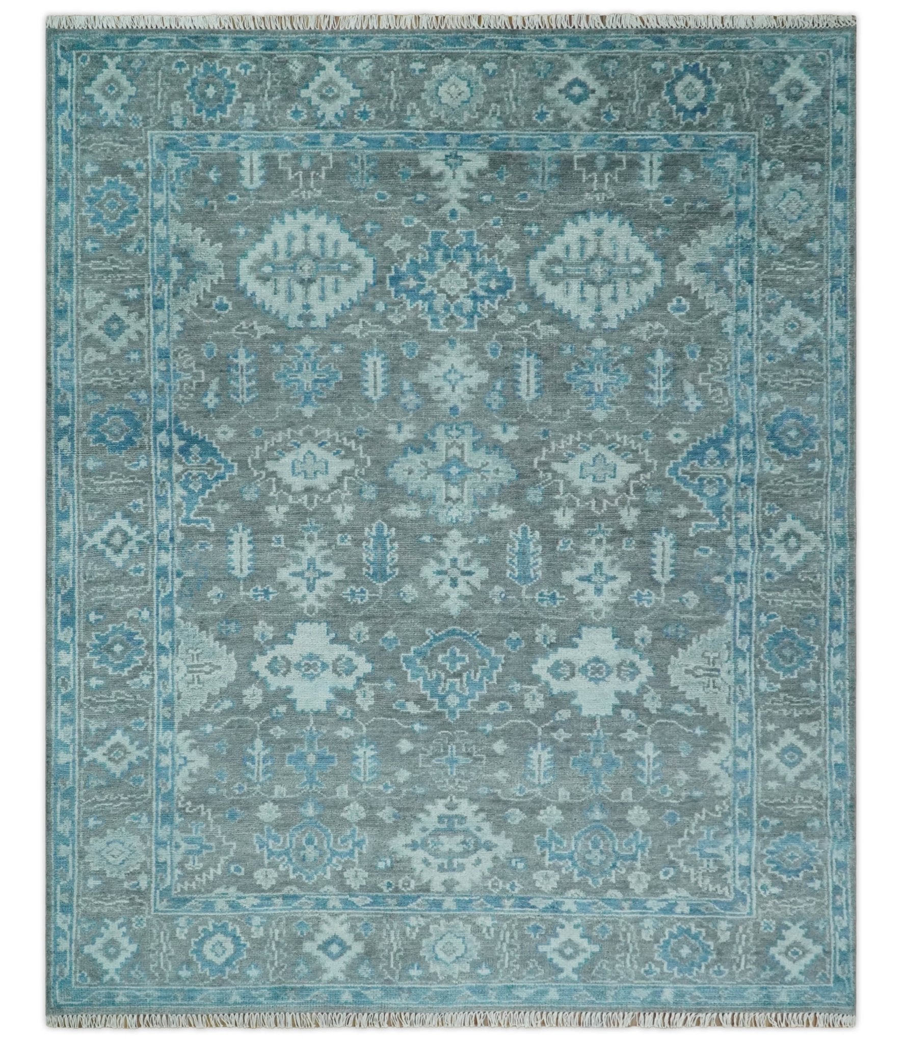 Antique Gray and Blue Hand Knotted 8x10 Oushak Turkish Wool Area Rug - Nuvé