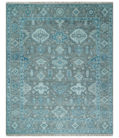 Antique Gray and Blue Hand Knotted 8x10 Oushak Turkish Wool Area Rug - Nuvé