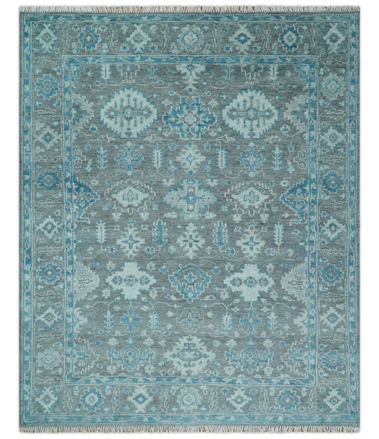 Antique Gray and Blue Hand Knotted 8x10 Oushak Turkish Wool Area Rug - Nuvé