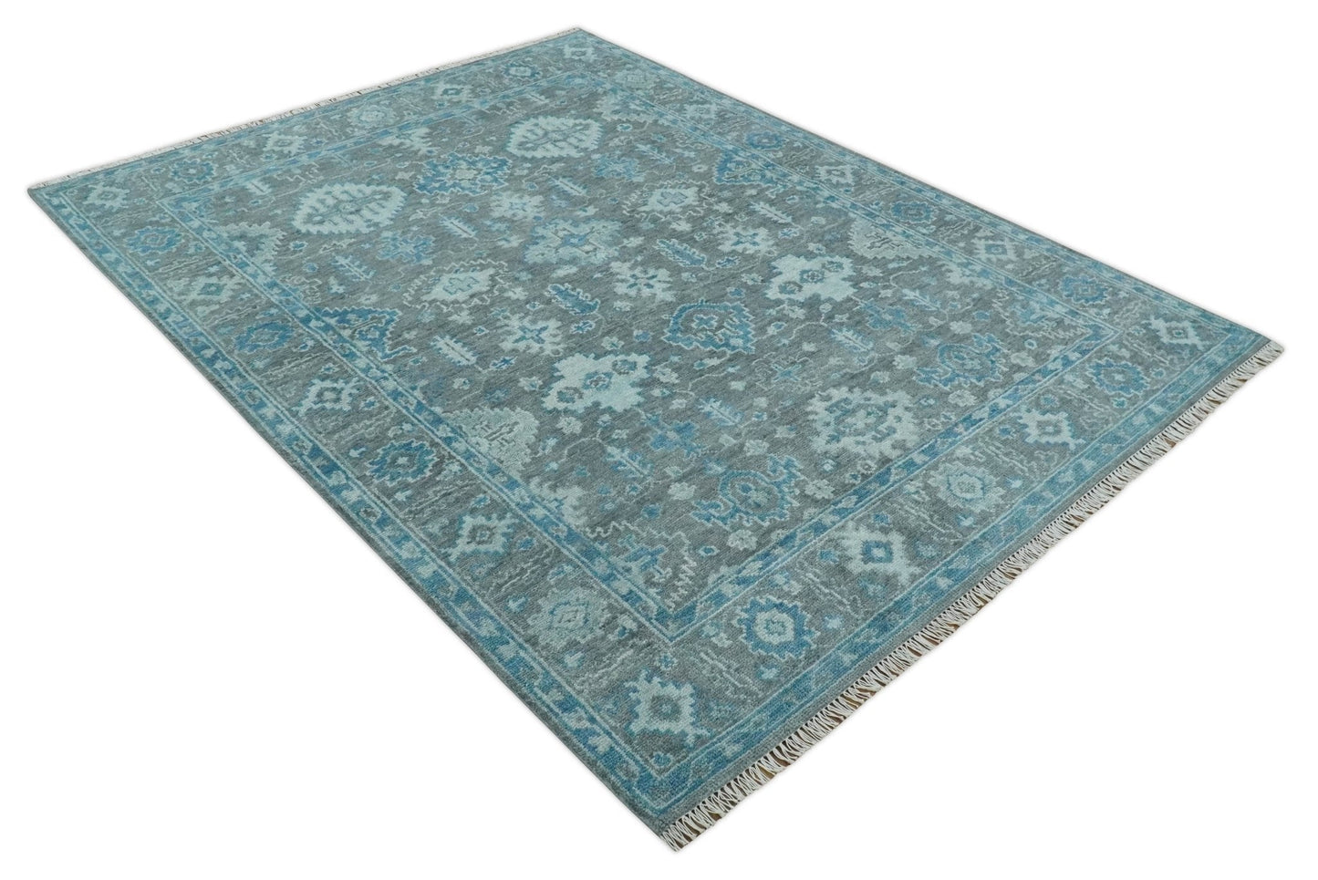 Antique Gray and Blue Hand Knotted 8x10 Oushak Turkish Wool Area Rug - Nuvé