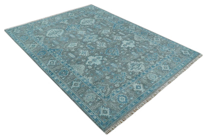 Antique Gray and Blue Hand Knotted 8x10 Oushak Turkish Wool Area Rug - Nuvé