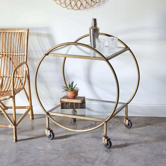 Antique Inspired Brass Finished Bar Cart with Glass Shelves - Nuvé
