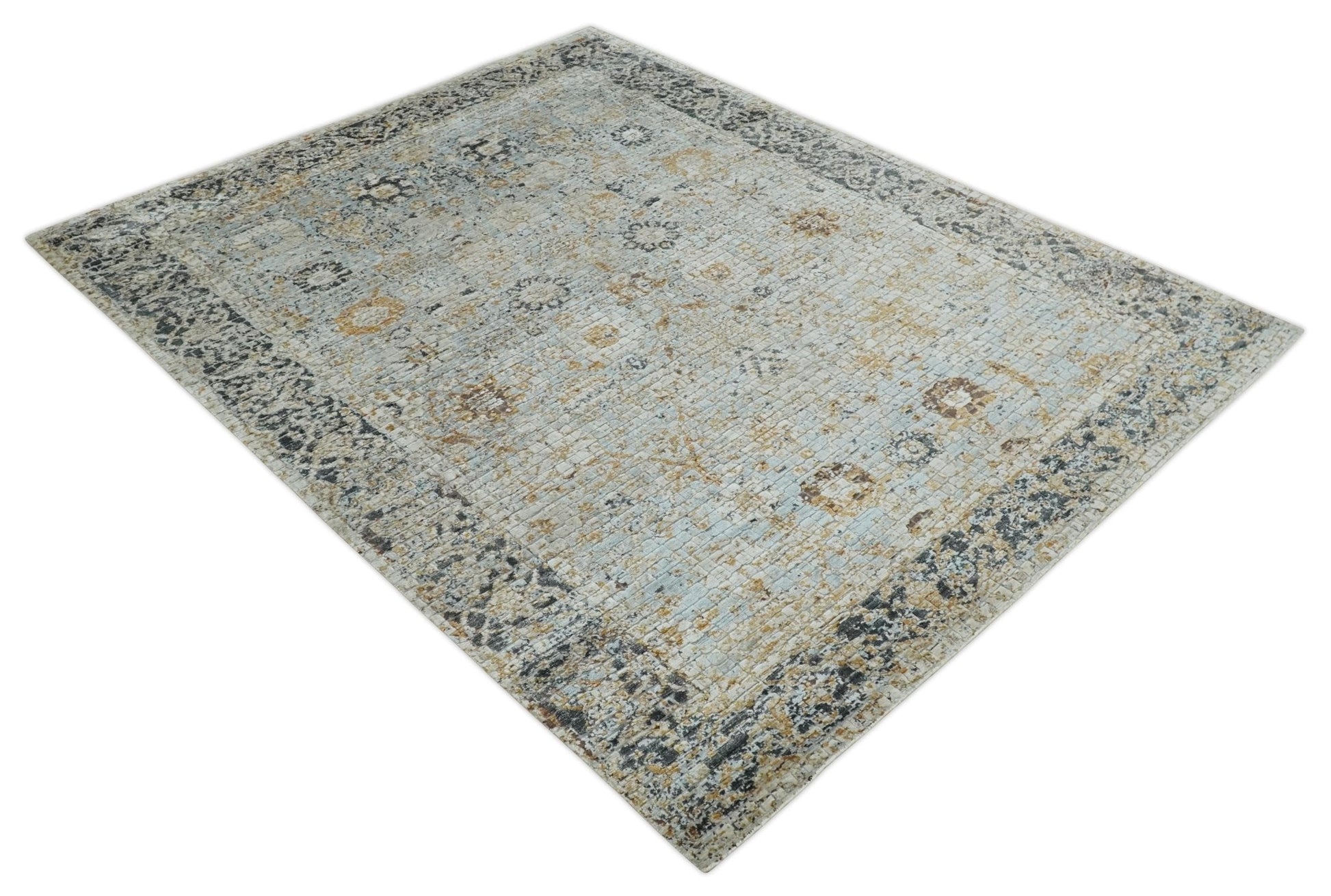 Antique look Aqua, Gold and Charcoal Hand Knotted Carved Texture Traditional Oriental Oushak 8x10 wool Area Rug - Nuvé
