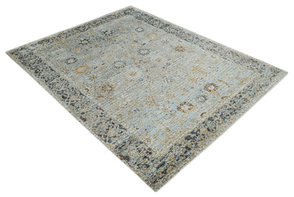 Antique look Aqua, Gold and Charcoal Hand Knotted Carved Texture Traditional Oriental Oushak 8x10 wool Area Rug - Nuvé