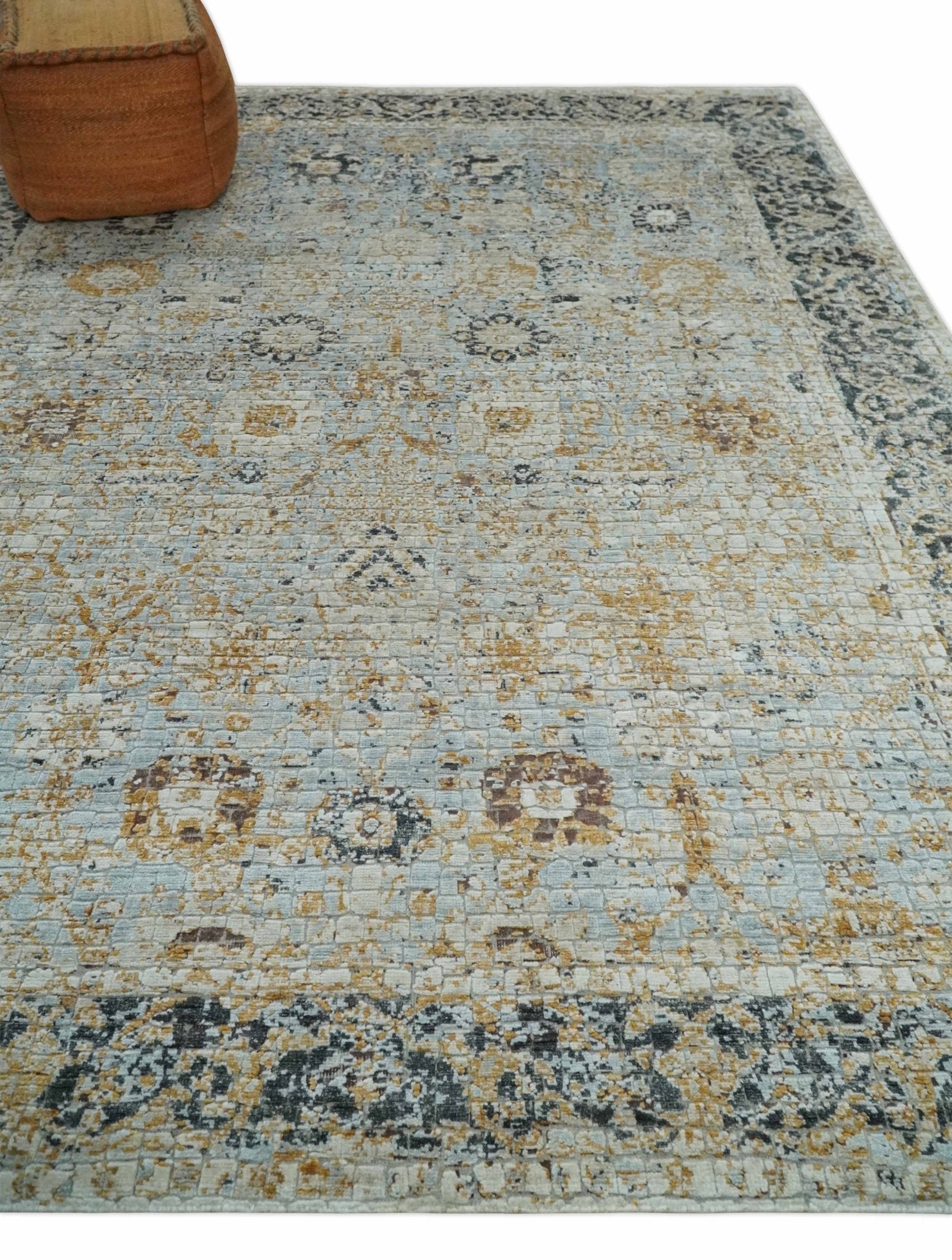 Antique look Aqua, Gold and Charcoal Hand Knotted Carved Texture Traditional Oriental Oushak 8x10 wool Area Rug - Nuvé
