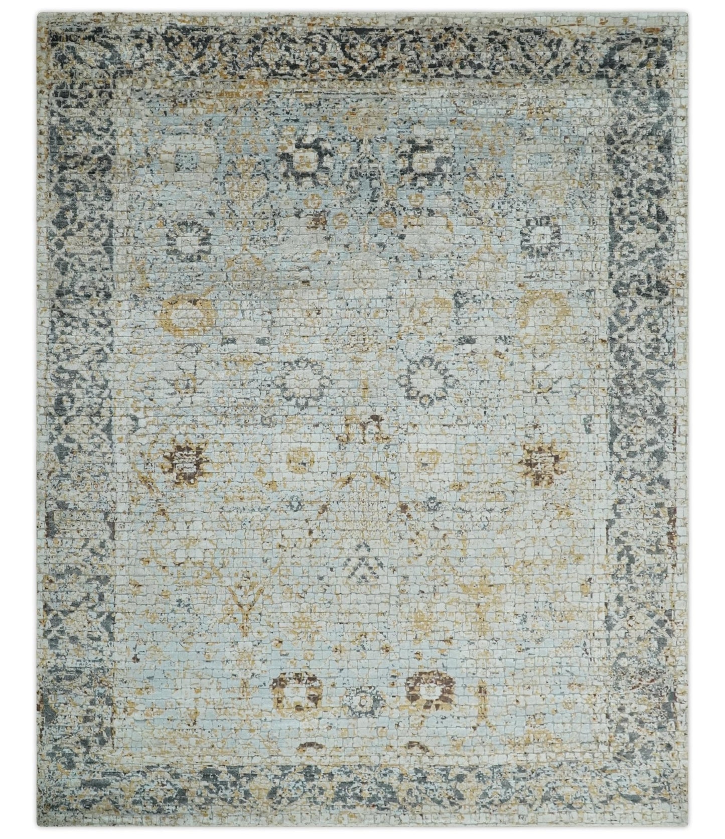 Antique look Aqua, Gold and Charcoal Hand Knotted Carved Texture Traditional Oriental Oushak 8x10 wool Area Rug - Nuvé