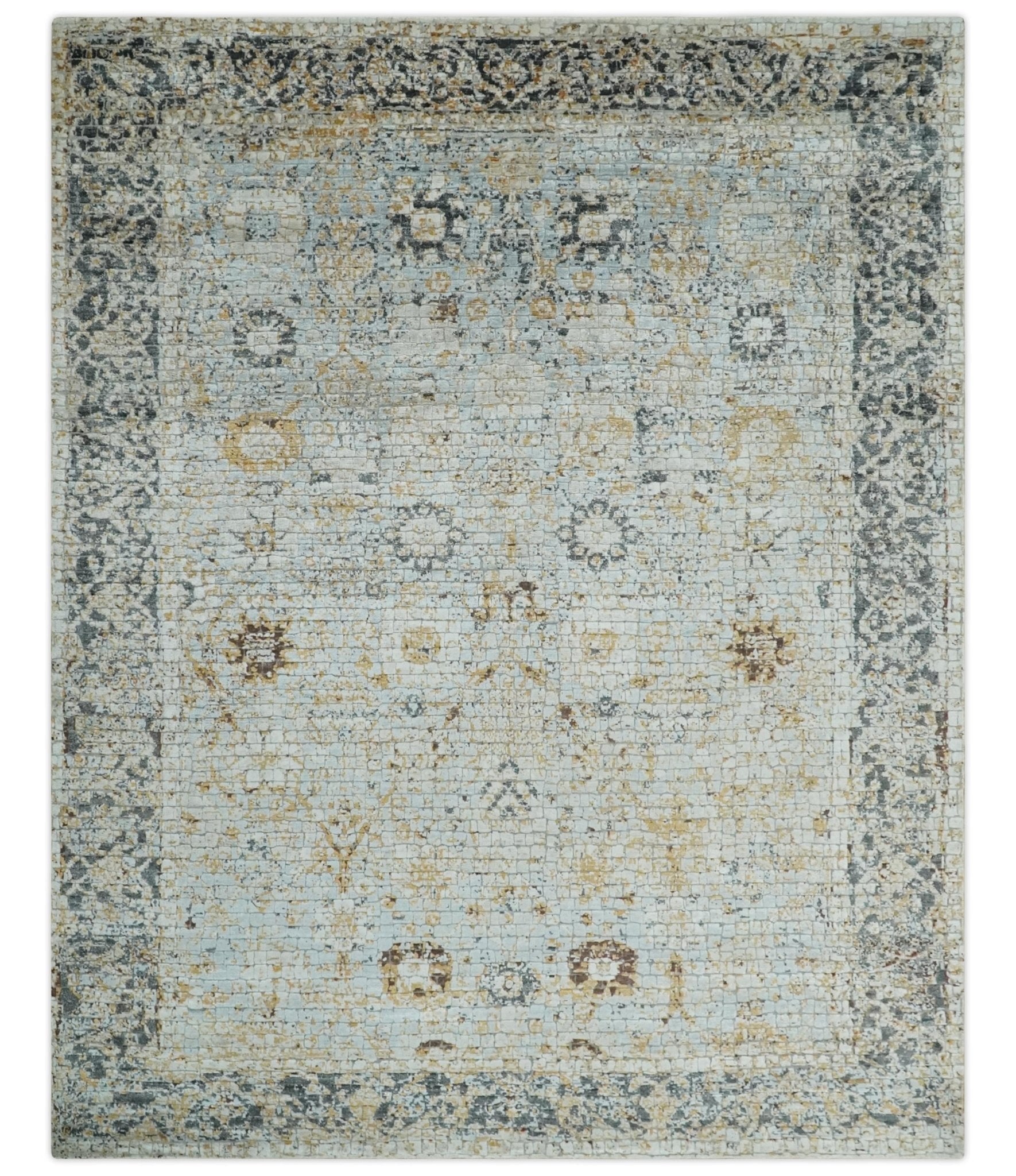 Antique look Aqua, Gold and Charcoal Hand Knotted Carved Texture Traditional Oriental Oushak 8x10 wool Area Rug - Nuvé
