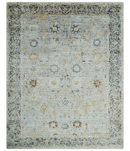 Antique look Aqua, Gold and Charcoal Hand Knotted Carved Texture Traditional Oriental Oushak 8x10 wool Area Rug - Nuvé