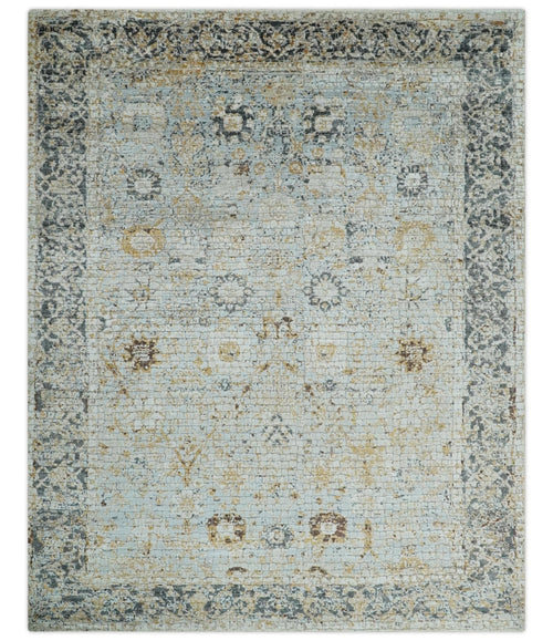 Antique look Aqua, Gold and Charcoal Hand Knotted Carved Texture Traditional Oriental Oushak 8x10 wool Area Rug - Nuvé