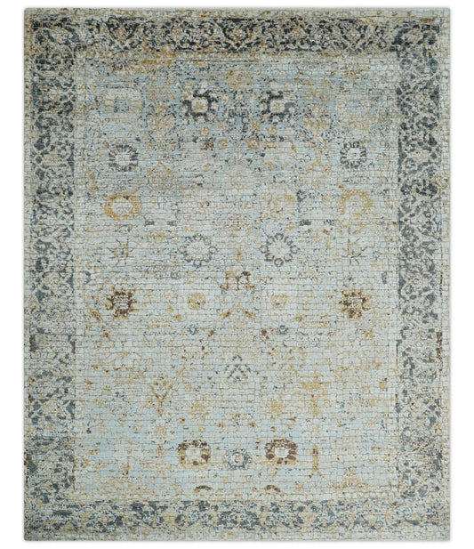 Antique look Aqua, Gold and Charcoal Hand Knotted Carved Texture Traditional Oriental Oushak 8x10 wool Area Rug - Nuvé