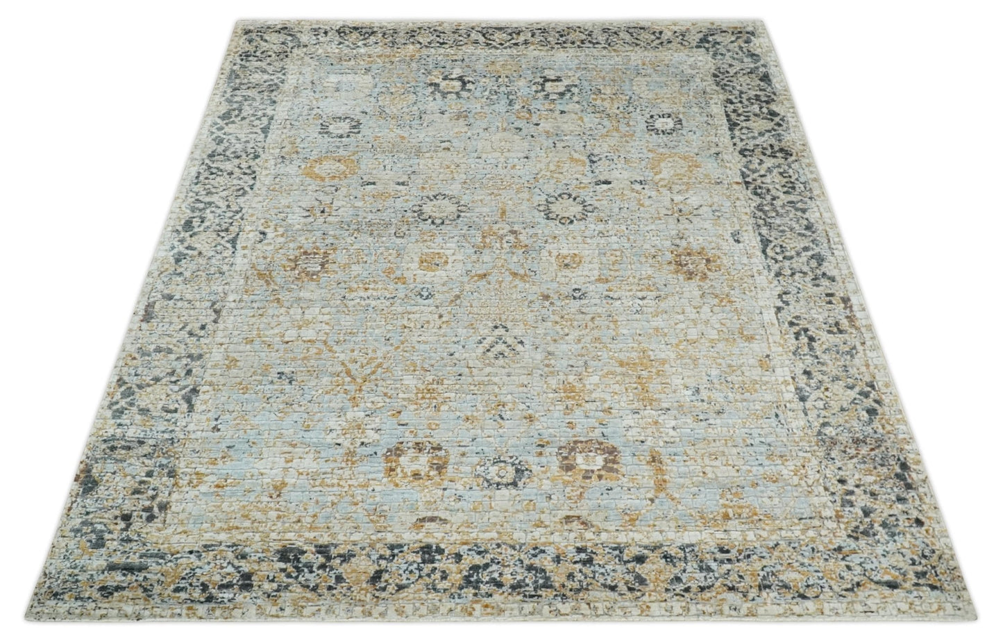 Antique look Aqua, Gold and Charcoal Hand Knotted Carved Texture Traditional Oriental Oushak 8x10 wool Area Rug - Nuvé