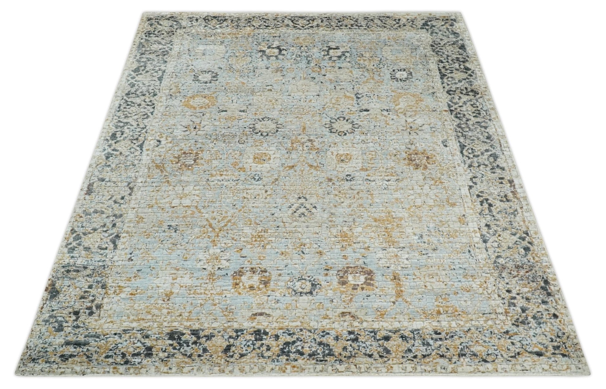 Antique look Aqua, Gold and Charcoal Hand Knotted Carved Texture Traditional Oriental Oushak 8x10 wool Area Rug - Nuvé