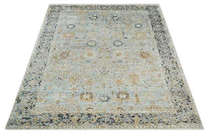 Antique look Aqua, Gold and Charcoal Hand Knotted Carved Texture Traditional Oriental Oushak 8x10 wool Area Rug - Nuvé