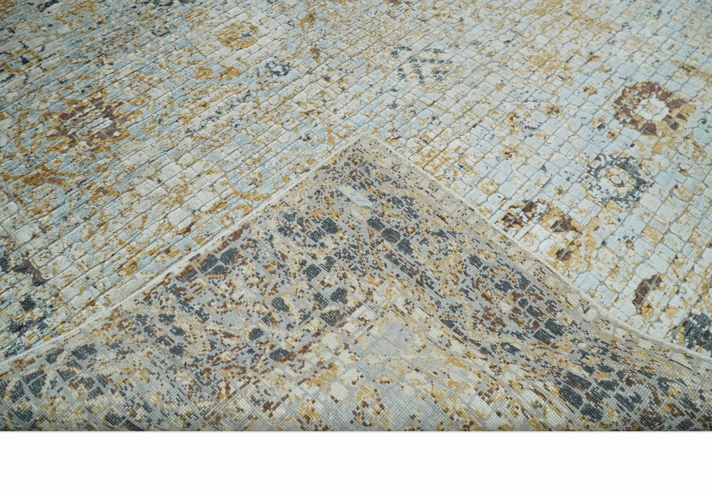 Antique look Aqua, Gold and Charcoal Hand Knotted Carved Texture Traditional Oriental Oushak 8x10 wool Area Rug - Nuvé