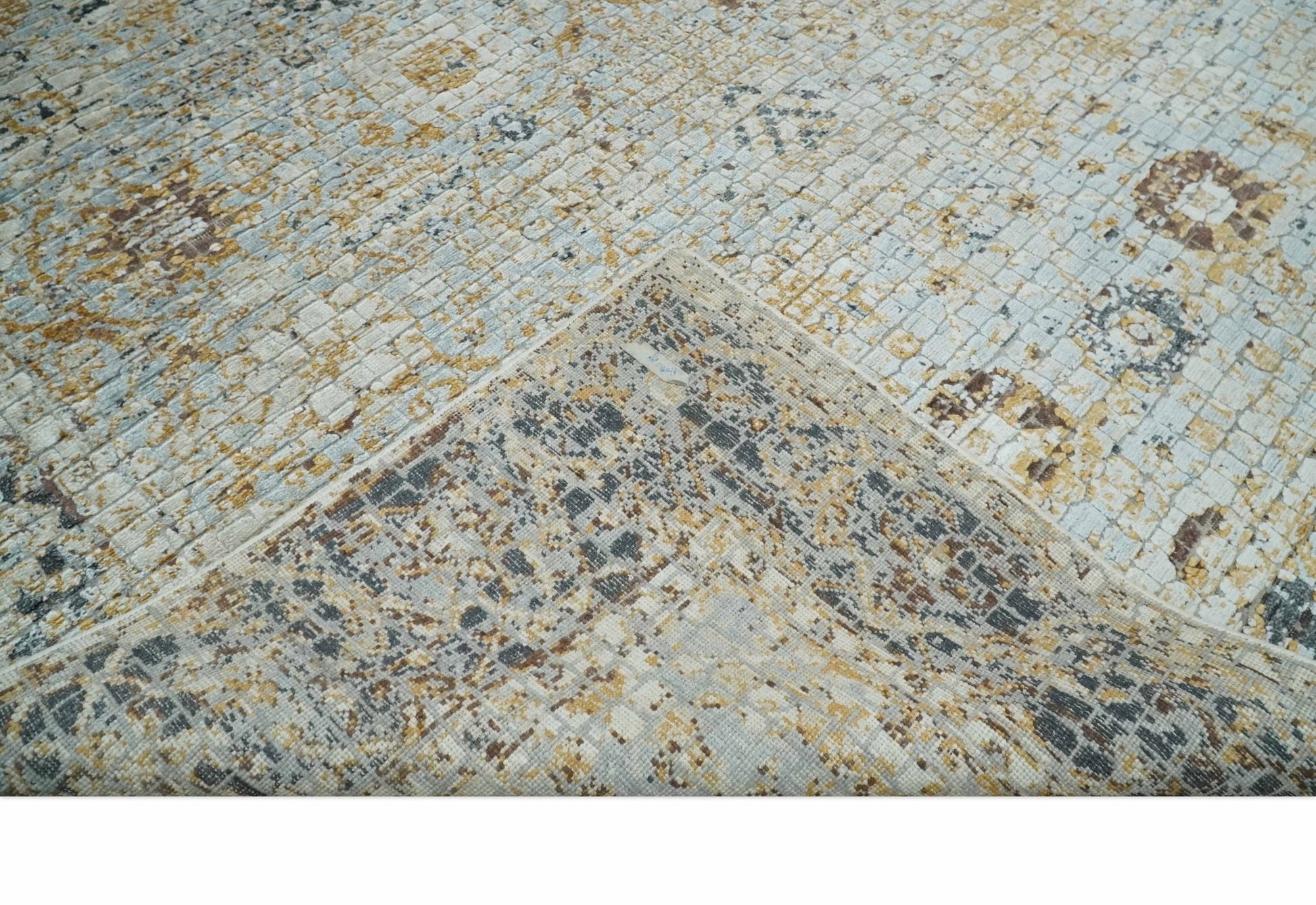 Antique look Aqua, Gold and Charcoal Hand Knotted Carved Texture Traditional Oriental Oushak 8x10 wool Area Rug - Nuvé