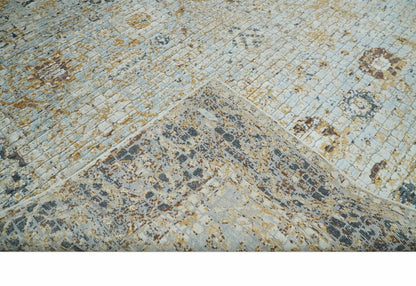 Antique look Aqua, Gold and Charcoal Hand Knotted Carved Texture Traditional Oriental Oushak 8x10 wool Area Rug - Nuvé