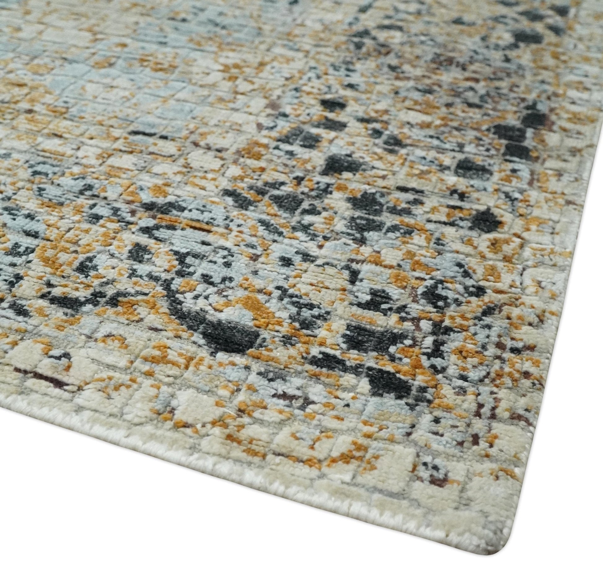 Antique look Aqua, Gold and Charcoal Hand Knotted Carved Texture Traditional Oriental Oushak 8x10 wool Area Rug - Nuvé