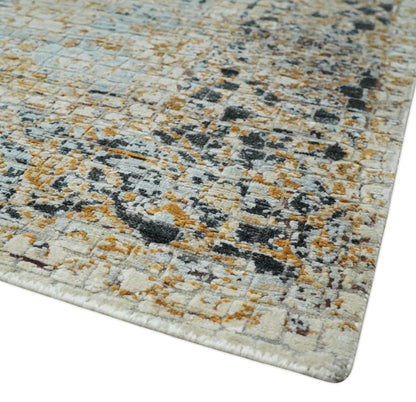 Antique look Aqua, Gold and Charcoal Hand Knotted Carved Texture Traditional Oriental Oushak 8x10 wool Area Rug - Nuvé