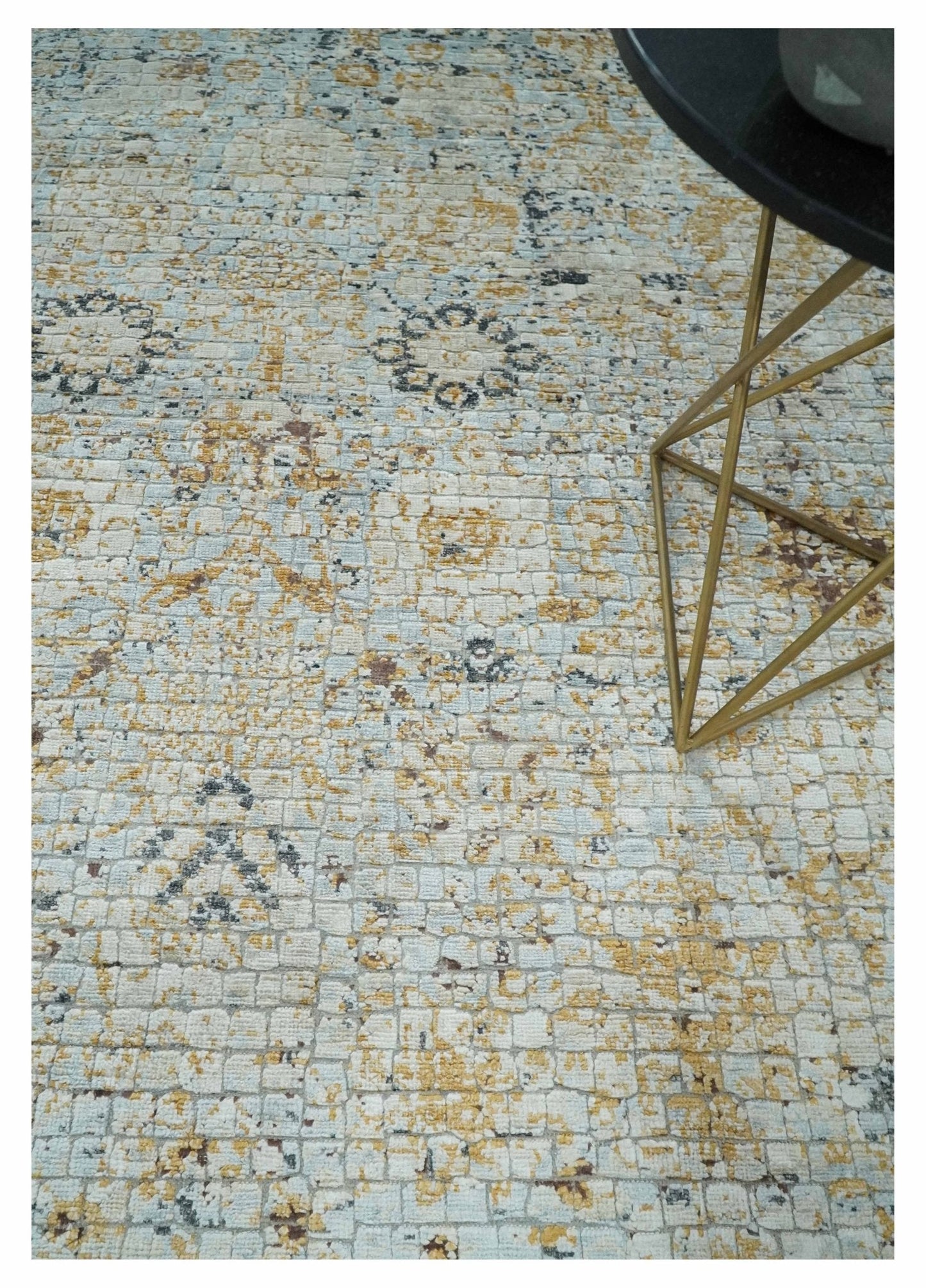 Antique look Aqua, Gold and Charcoal Hand Knotted Carved Texture Traditional Oriental Oushak 8x10 wool Area Rug - Nuvé