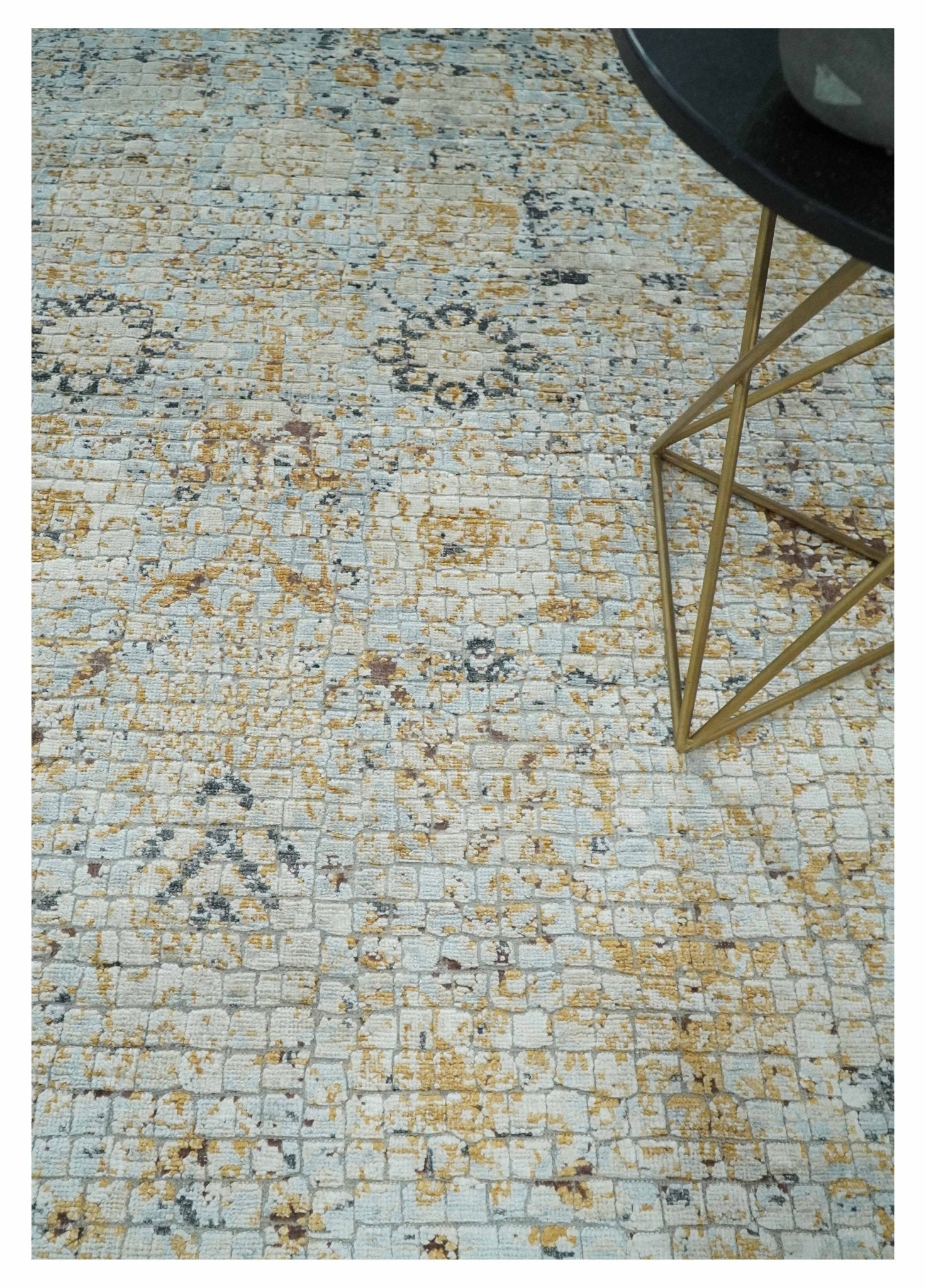 Antique look Aqua, Gold and Charcoal Hand Knotted Carved Texture Traditional Oriental Oushak 8x10 wool Area Rug - Nuvé