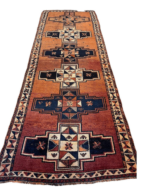 Antique Persian Veramin Runner 4x13 | Rust, Navy & Ivory | Hand-Knotted Wool