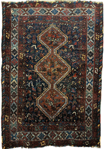 Antique Persian Khamseh Tribal Rug 4' x 5’10” - Nuvé