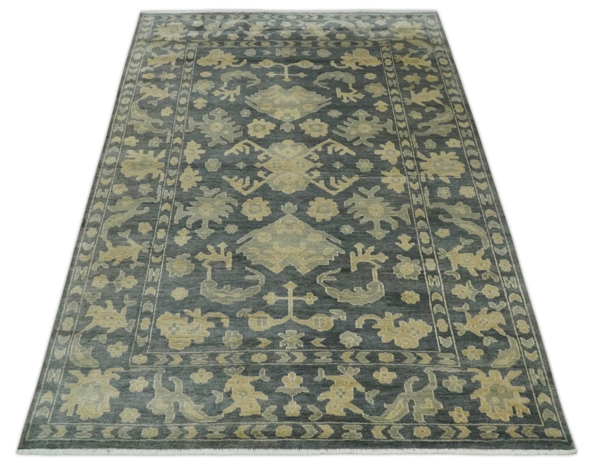 Antique Style 6x9 Hand Knotted Beige and Charcoal Traditional Wool Rug | N35669 - Nuvé