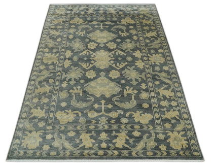 Antique Style 6x9 Hand Knotted Beige and Charcoal Traditional Wool Rug | N35669 - Nuvé