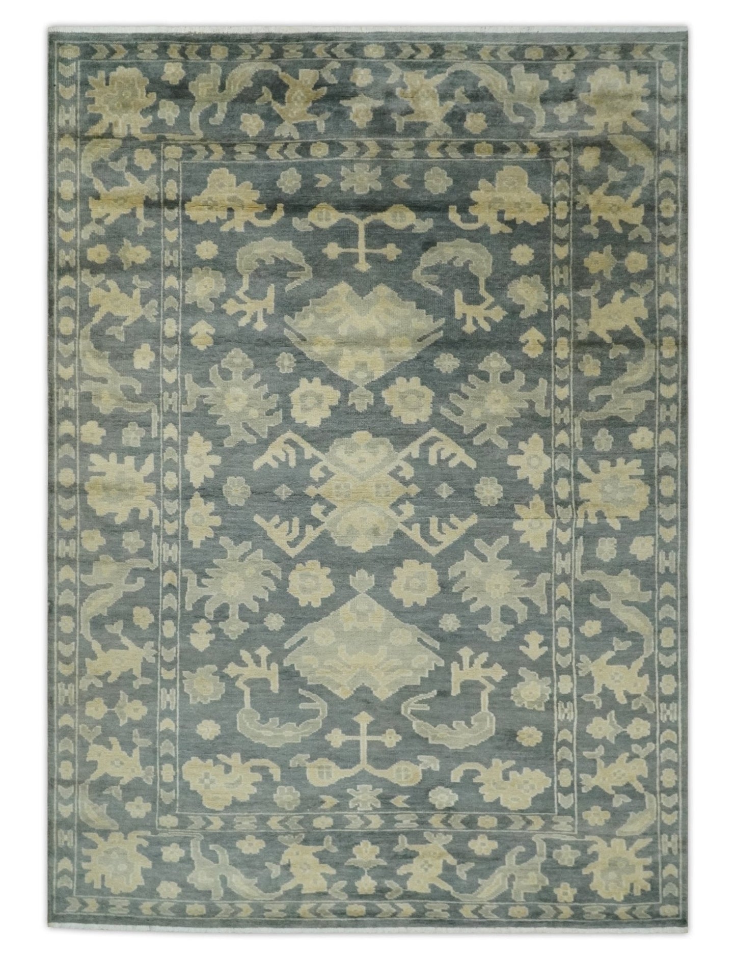 Antique Style 6x9 Hand Knotted Beige and Charcoal Traditional Wool Rug | N35669 - Nuvé
