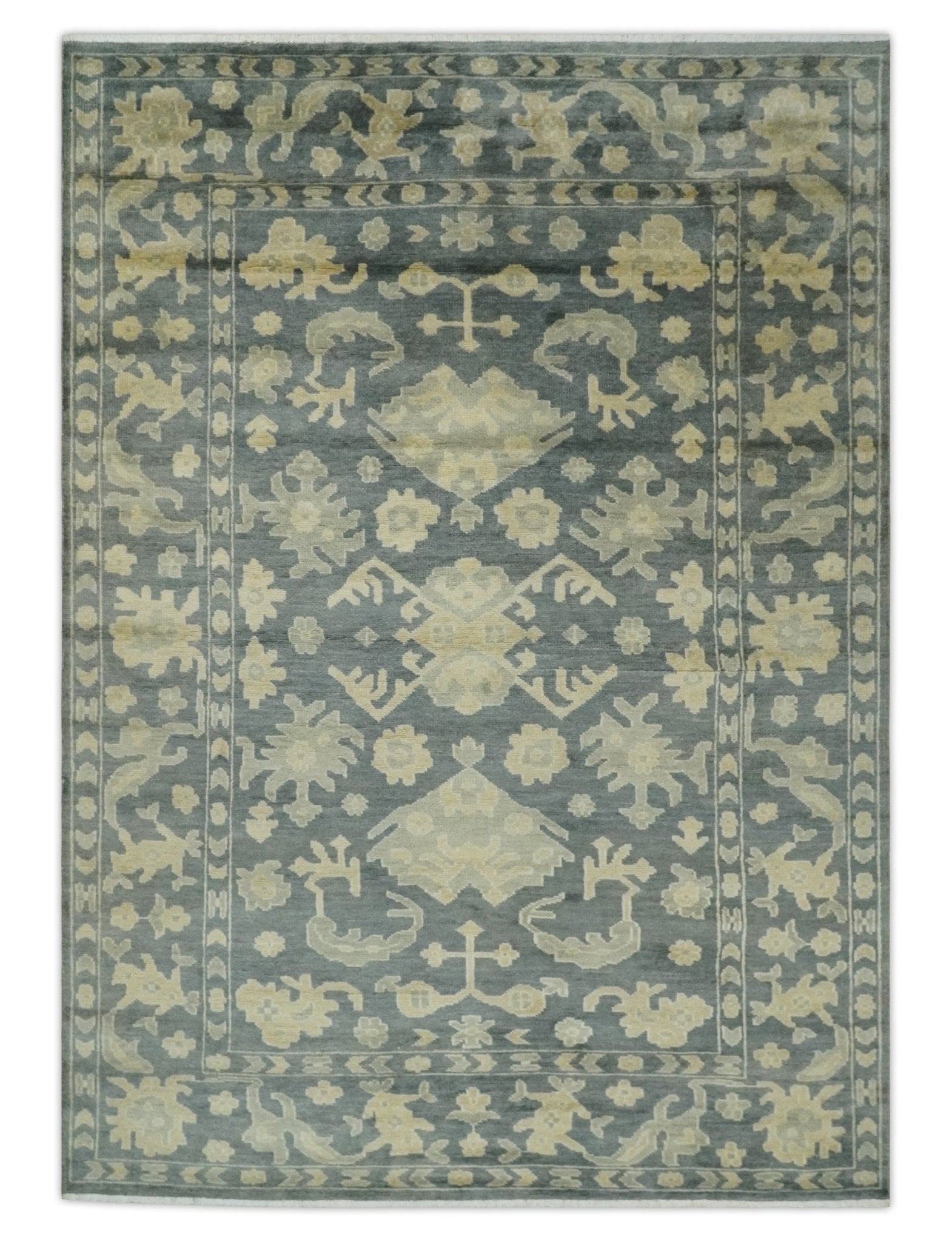 Antique Style 6x9 Hand Knotted Beige and Charcoal Traditional Wool Rug | N35669 - Nuvé