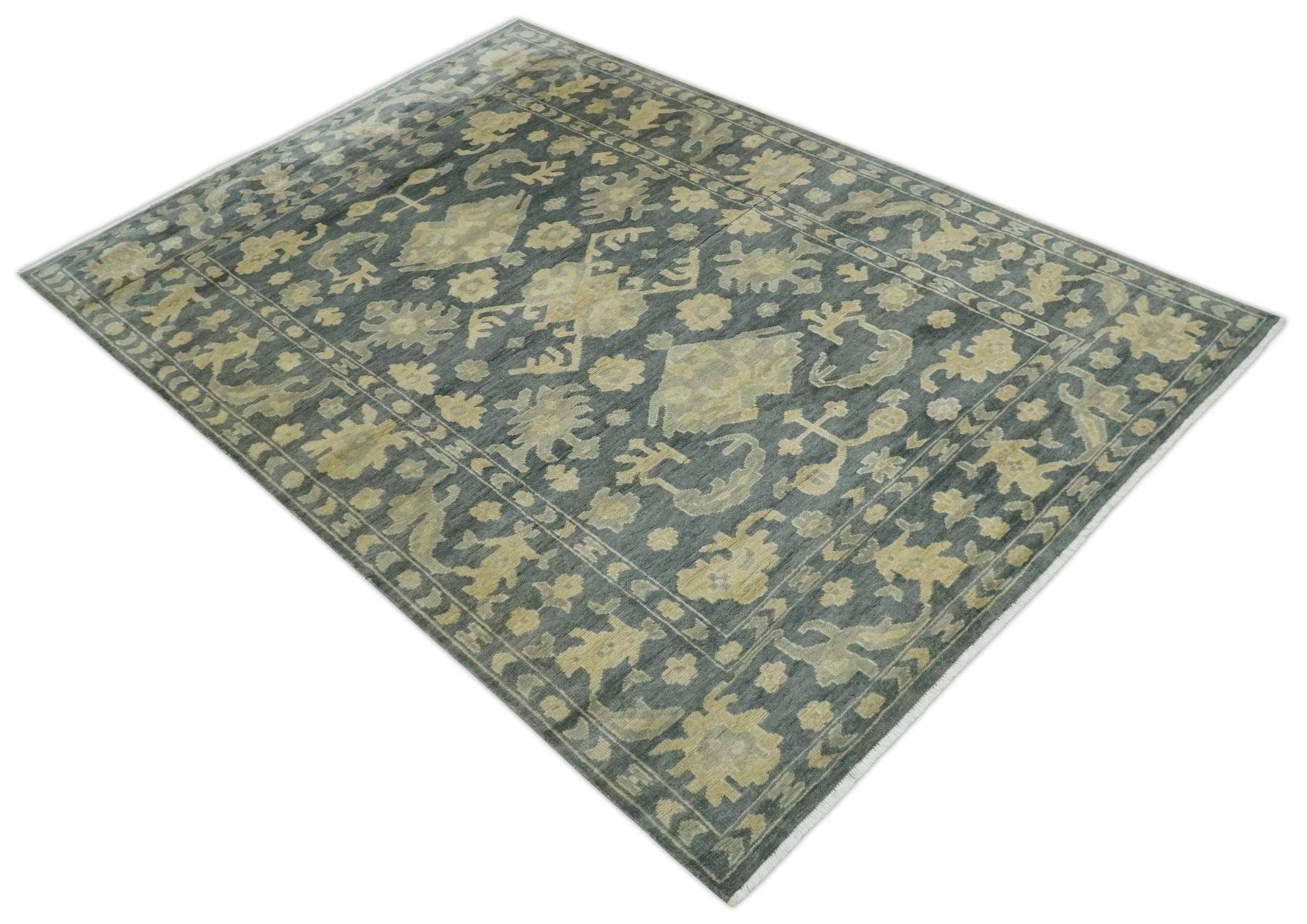 Antique Style 6x9 Hand Knotted Beige and Charcoal Traditional Wool Rug | N35669 - Nuvé