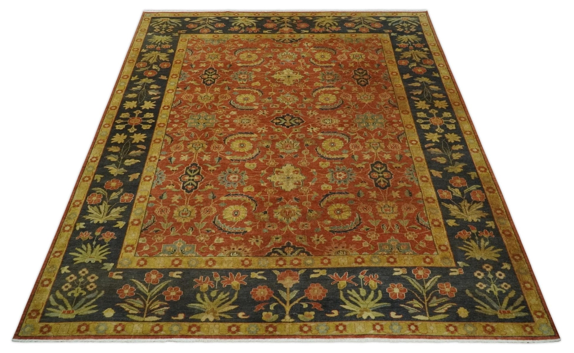 Antique Style 8x10 Rust, Black and Gold Hand Knotted Traditional Turkish Serapi Wool Area Rug - Nuvé