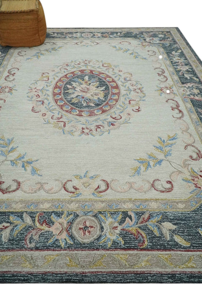 Antique Style Beige and Charcoal Aubusson design Hand Tufted 8x10 wool Area Rug - Nuvé