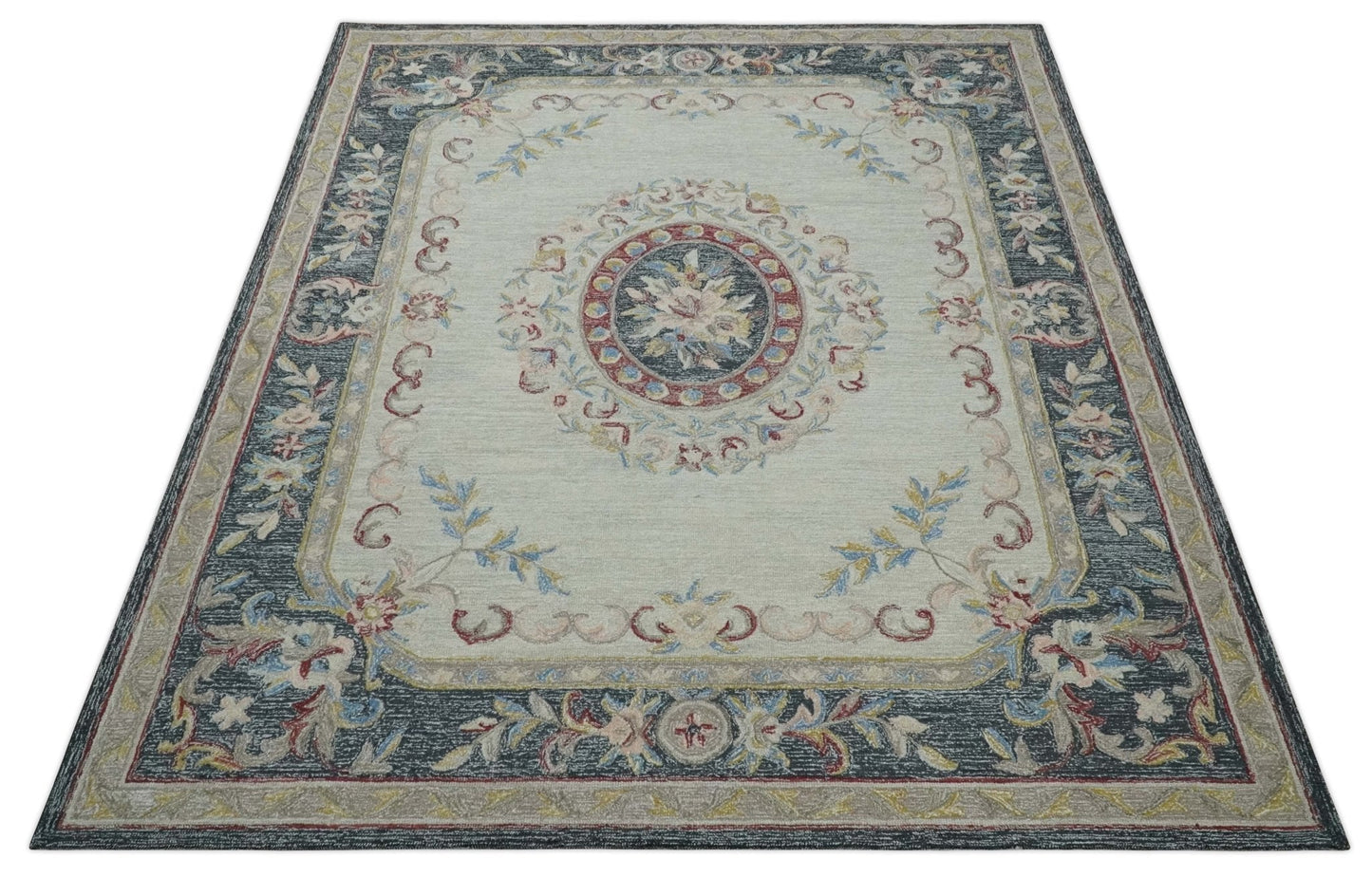 Antique Style Beige and Charcoal Aubusson design Hand Tufted 8x10 wool Area Rug - Nuvé