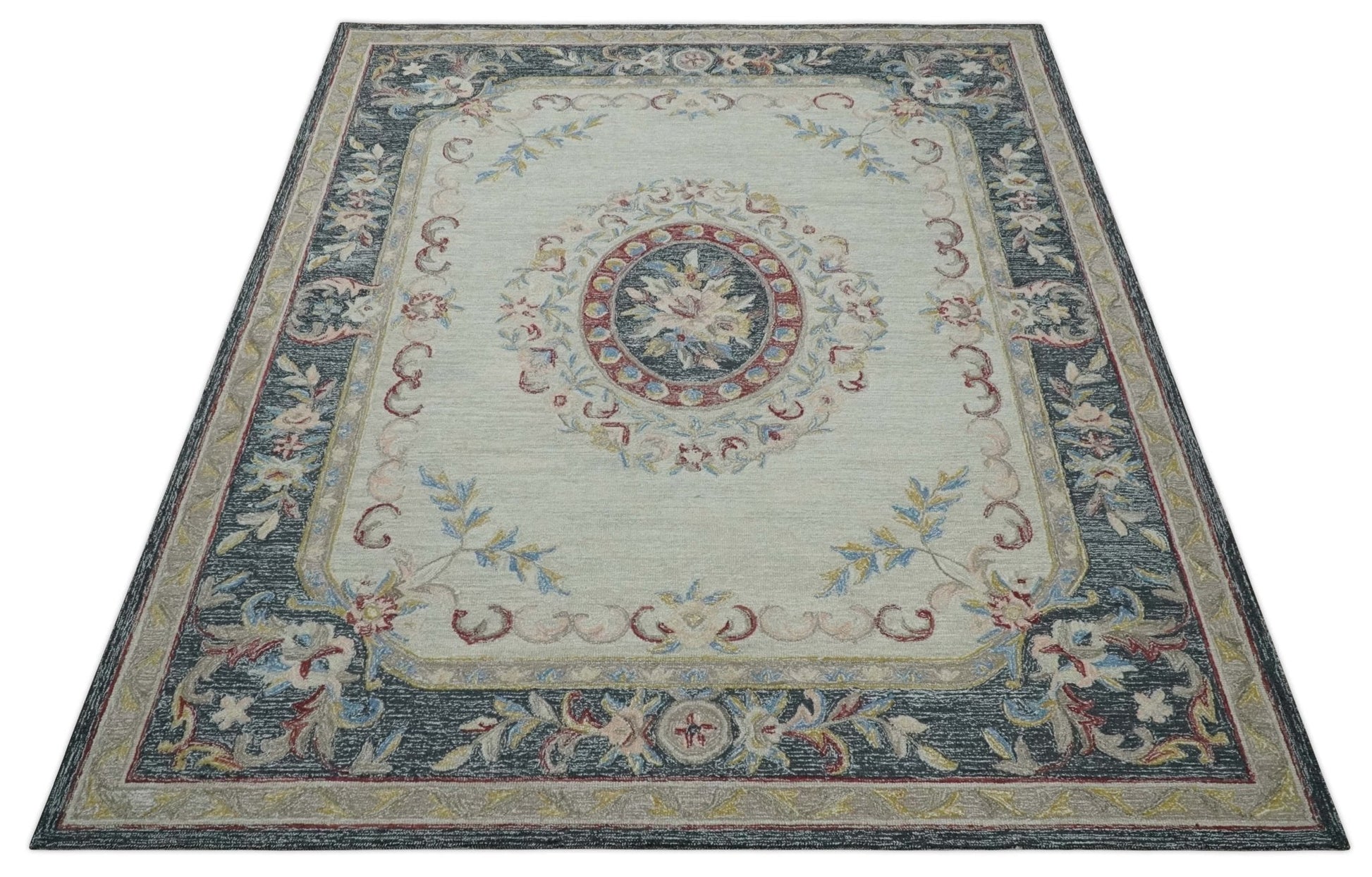 Antique Style Beige and Charcoal Aubusson design Hand Tufted 8x10 wool Area Rug - Nuvé