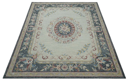 Antique Style Beige and Charcoal Aubusson design Hand Tufted 8x10 wool Area Rug - Nuvé