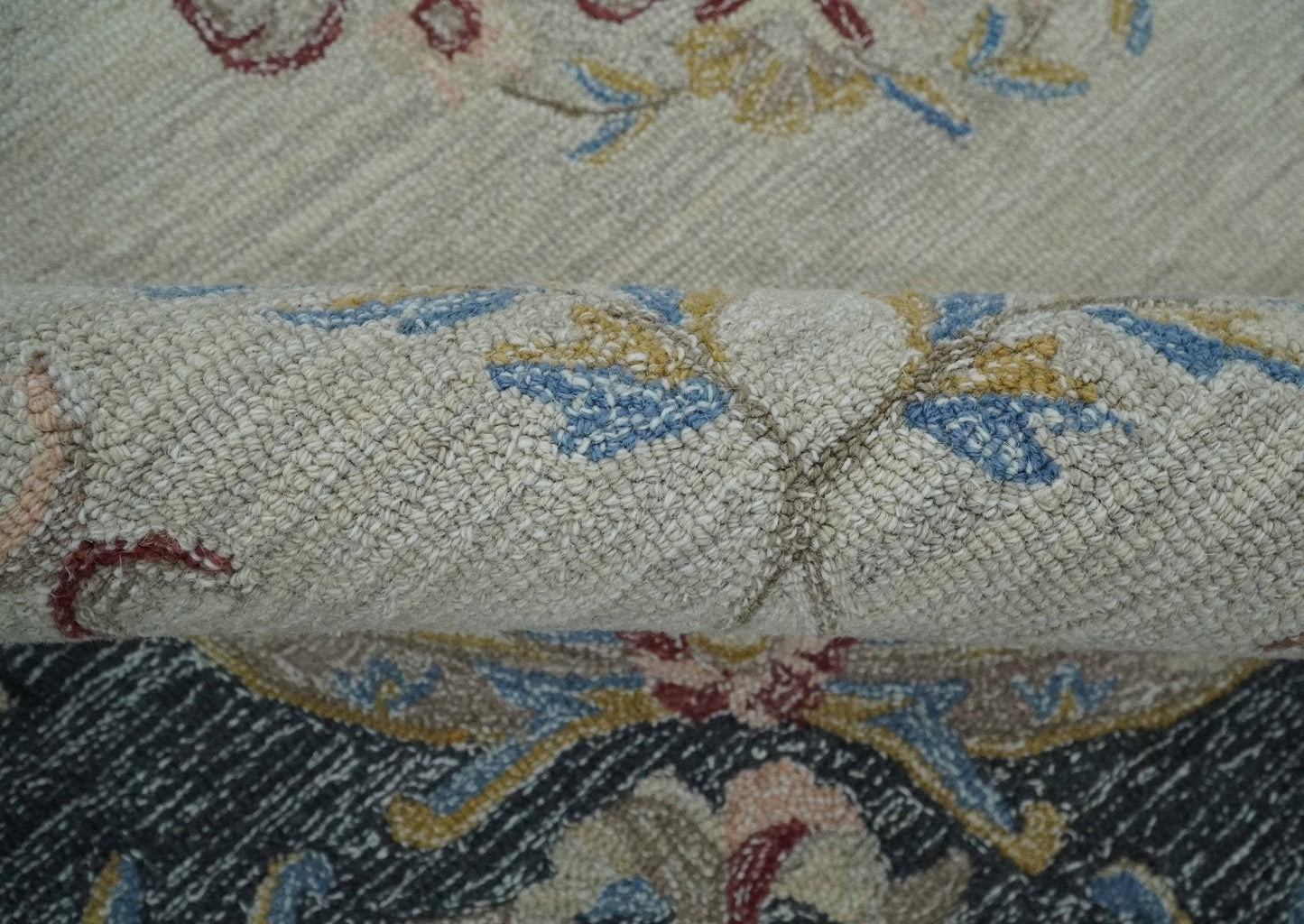 Antique Style Beige and Charcoal Aubusson design Hand Tufted 8x10 wool Area Rug - Nuvé