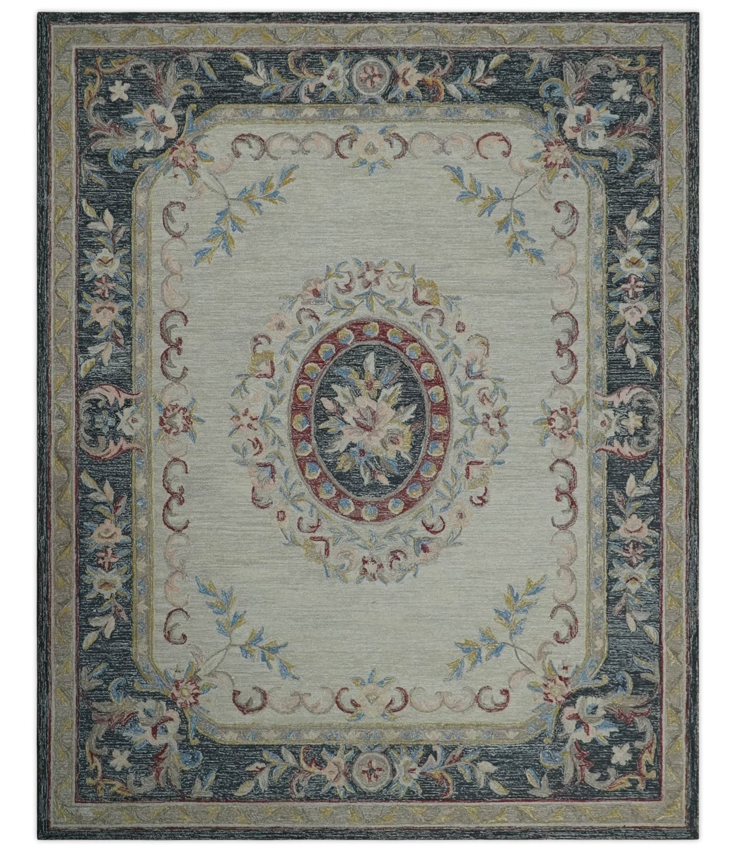 Antique Style Beige and Charcoal Aubusson design Hand Tufted 8x10 wool Area Rug - Nuvé