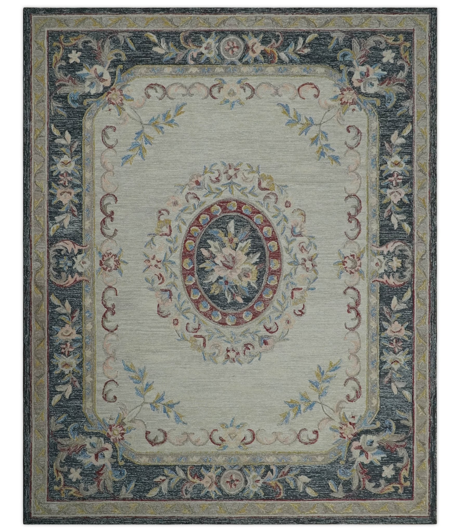 Antique Style Beige and Charcoal Aubusson design Hand Tufted 8x10 wool Area Rug - Nuvé