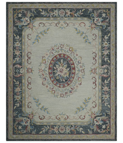 Antique Style Beige and Charcoal Aubusson design Hand Tufted 8x10 wool Area Rug - Nuvé