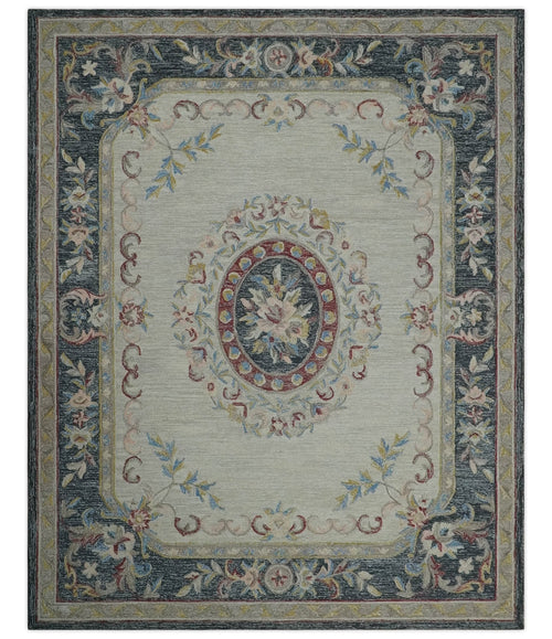 Antique Style Beige and Charcoal Aubusson design Hand Tufted 8x10 wool Area Rug - Nuvé
