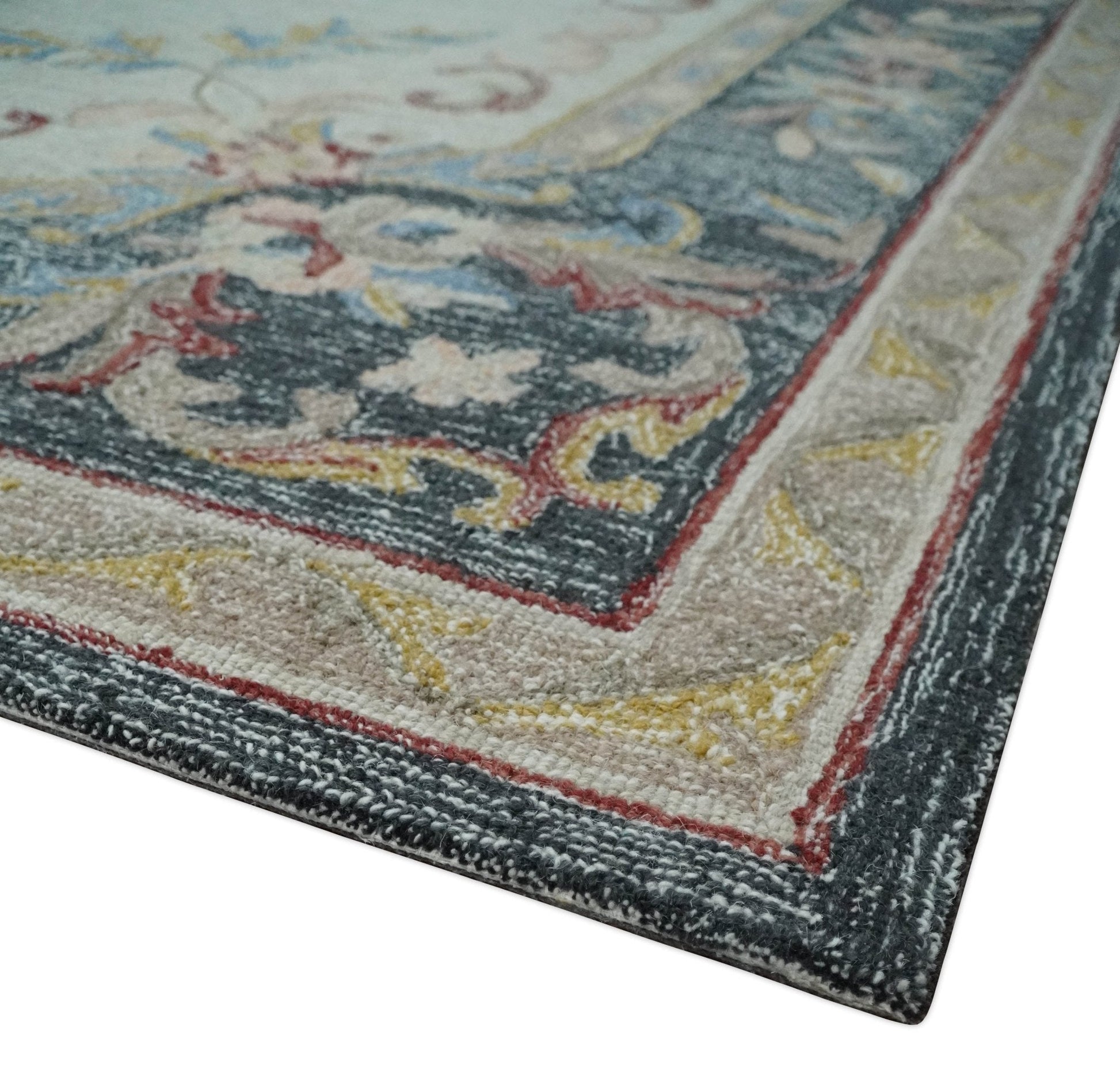 Antique Style Beige and Charcoal Aubusson design Hand Tufted 8x10 wool Area Rug - Nuvé