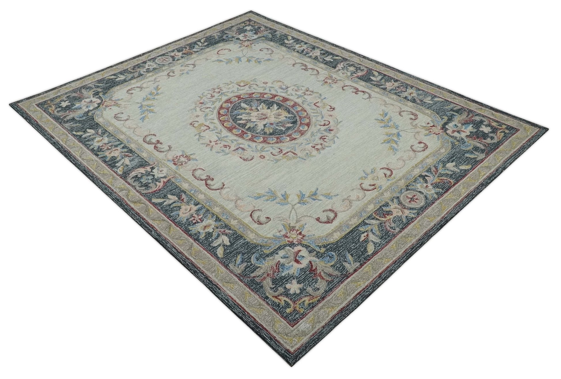 Antique Style Beige and Charcoal Aubusson design Hand Tufted 8x10 wool Area Rug - Nuvé