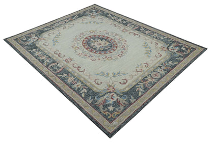 Antique Style Beige and Charcoal Aubusson design Hand Tufted 8x10 wool Area Rug - Nuvé