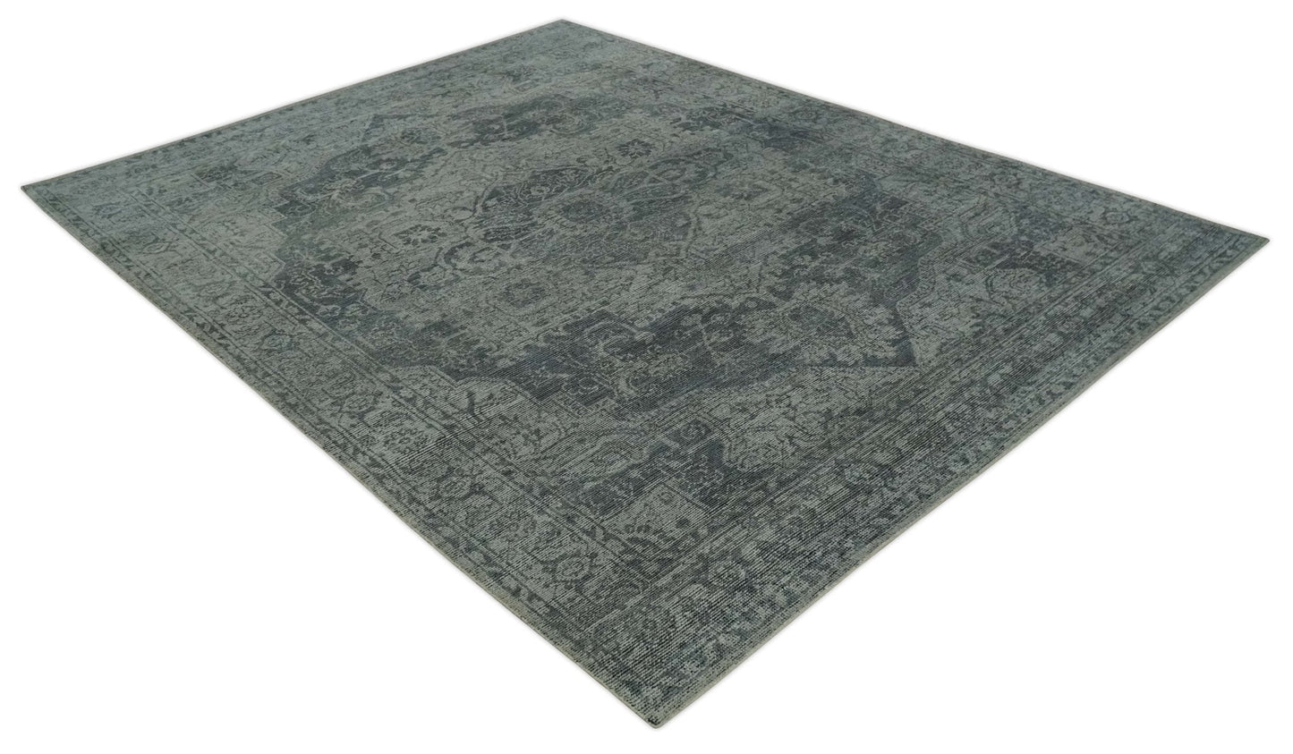 Antique Style Charcoal and Silver Traditional Heriz Medallion 8x10 wool Area Rug - Nuvé