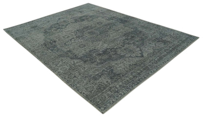 Antique Style Charcoal and Silver Traditional Heriz Medallion 8x10 wool Area Rug - Nuvé