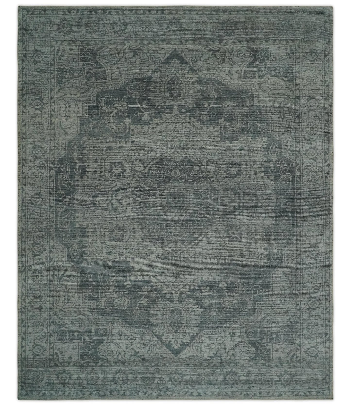 Antique Style Charcoal and Silver Traditional Heriz Medallion 8x10 wool Area Rug - Nuvé