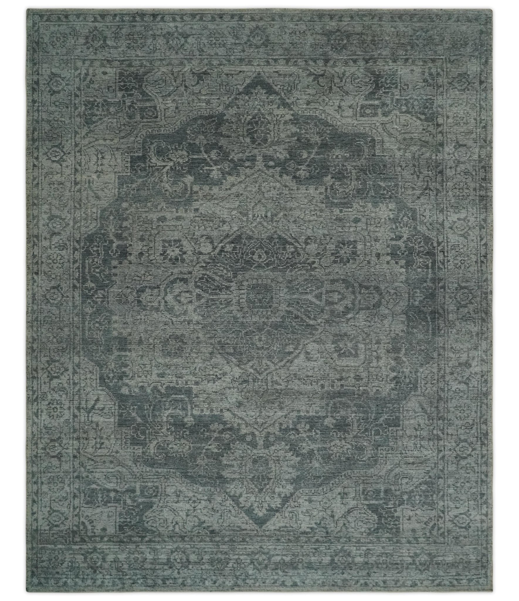 Antique Style Charcoal and Silver Traditional Heriz Medallion 8x10 wool Area Rug - Nuvé